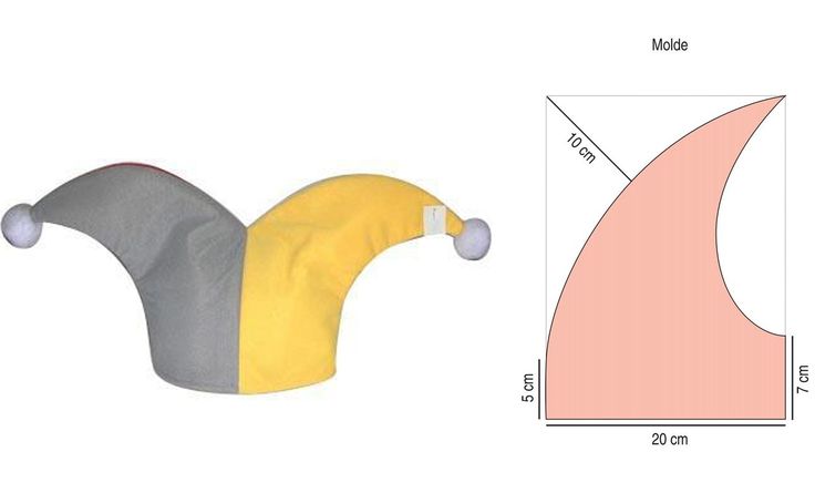 a yellow and gray clown hat next to a drawing of the shape of a nose