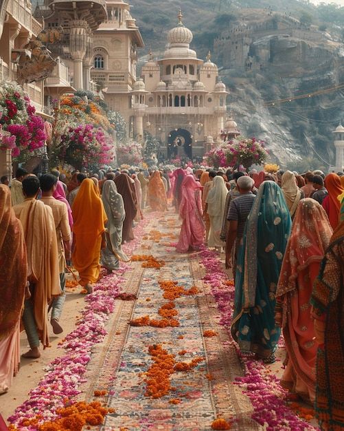 a group of people walking down a street with flowers on the ground and buildings in the background