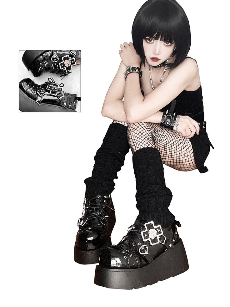 Step into edgy punk fashion with these unique paltform shoes. The striking design features spike studs, front laces, and buckles for a rebellious and stylish look. These shoes are perfect for adding a touch of gothic punk flair to your outfit.  Please note that this product includes only one pair of shoes.  Garment Size   	 		 			Size 			34 			35 			36 			37 			38 			39 			40 		 		 			Foot Length 			22.0 			22.5 			23.0 			23.5 			24.0 			24.5 			25.0 		 		 			Heel 			3.5-7 			3.5-7 			3.5-7 Black Harajuku Platform Boots For Streetwear, Emo Style Lace-up Platform Boots For Streetwear, Black Emo Platform Boots For Streetwear, Edgy Studded Lace-up Platform Boots, Punk Platform Boots With Grommets, Emo Platform Boots For Halloween Streetwear, Punk Platform Boots With Grommets For Alternative Fashion, Edgy Lace-up Platform Boots With Studded Rubber Outsoles, Edgy Lace-up Platform Boots With Studded Outsoles