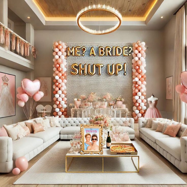 a bridal shut up party with balloons on the wall and decorations in the living room