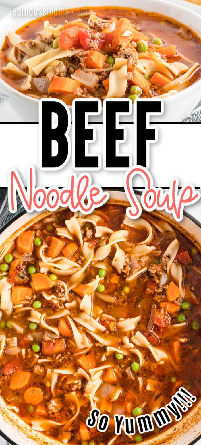 beef noodle soup in a white bowl with the words beef noodle soup above it