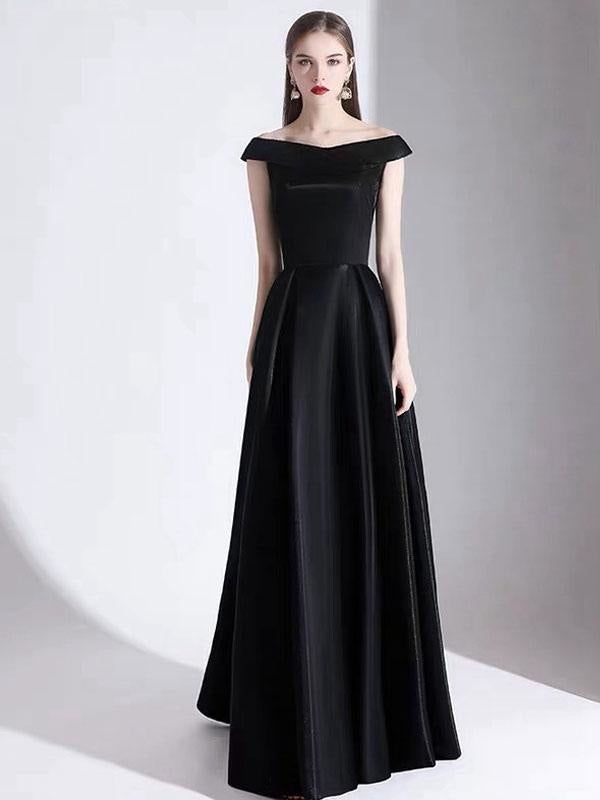 Black Satin Dress For Banquet, Full Length Black Dress For Banquet, Black Full-length Dress For Banquet, Black Satin Floor-length Dress, Black Maxi Dress For Bridesmaids In Prom Season, Black Satin Maxi Dress For Banquet, Black Floor-length Bridesmaid Dress, Black Maxi Length Bridesmaid Dress, Vintage Inspired Prom Dress