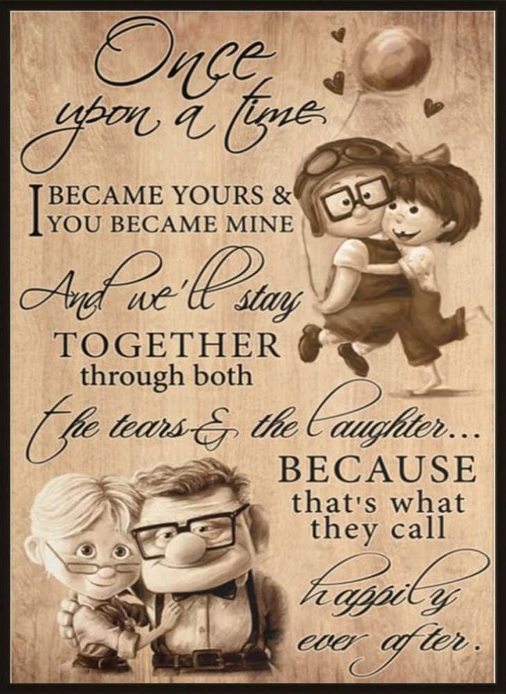 a wooden sign with an image of two cartoon characters and the words, once you're