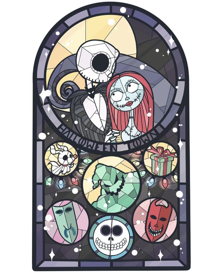 a stained glass window with cartoon characters on it