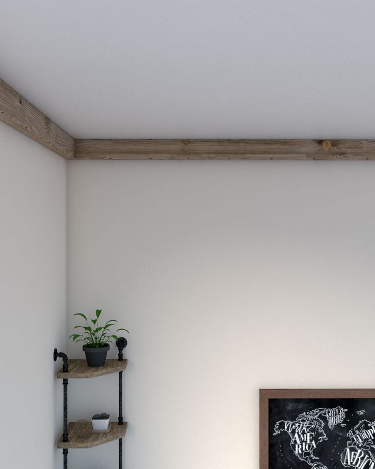 an empty room with a chalkboard and potted plant on the shelf next to it