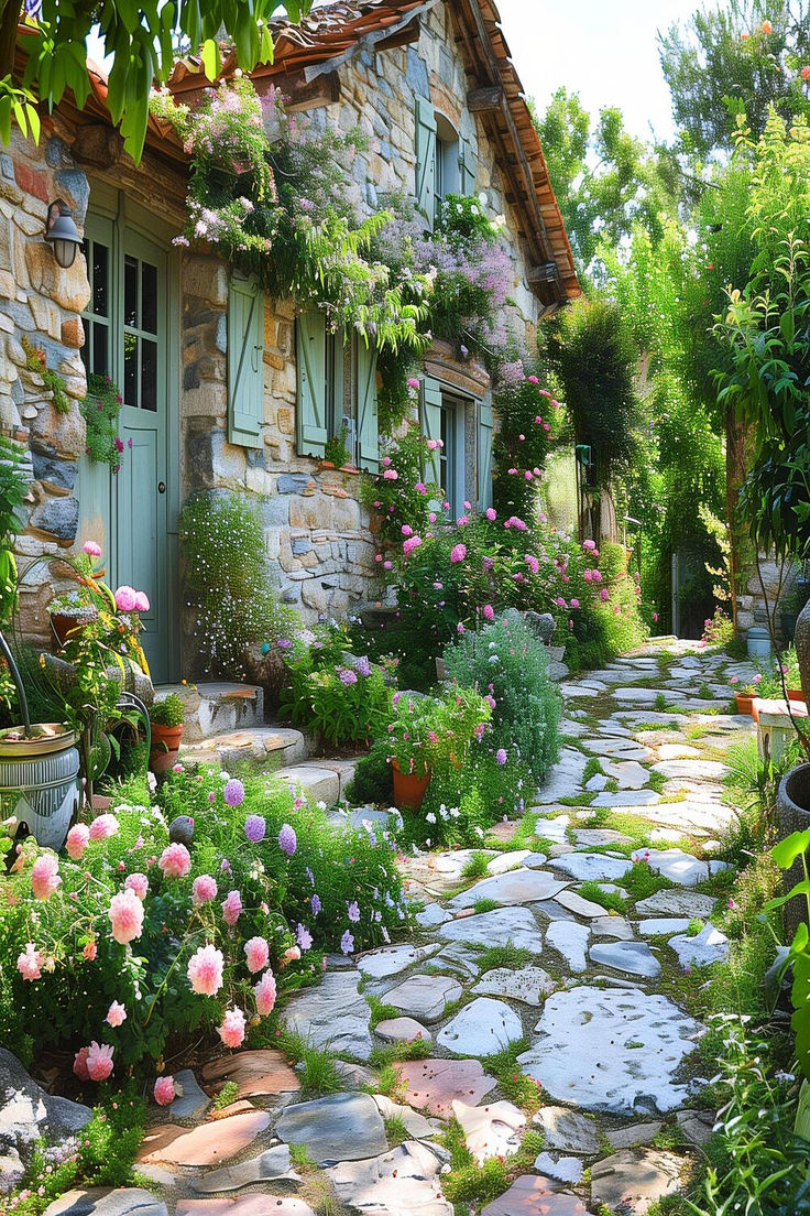 Lush garden with blooming hydrangeas and a charming stone cottage. French House Garden, Country Cottage Inspiration, Cottage Garden Walkway, French Stone Cottage, Mediterranean Cottage Garden, French Country Gardens, French Garden Ideas, Cottage Garden Inspiration, Garden Inspiration Ideas