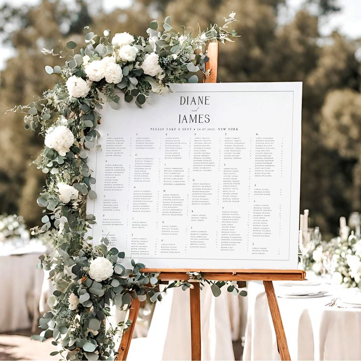 a sign with white flowers and greenery is displayed on a wooden easel for seating