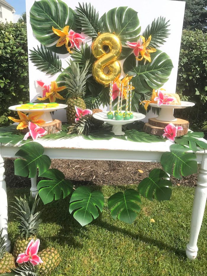 Pineapple dessert table from a Party Like a Pineapple Birthday Party on Kara's Party Ideas | KarasPartyIdeas.com (13) Pineapple Birthday Party, Artificial Palm Leaves, Birthday Theme Decoration, Tropical Birthday Party, Luau Party Decorations, Pineapple Birthday, Aloha Party, Hawaiian Party Decorations, Luau Theme Party