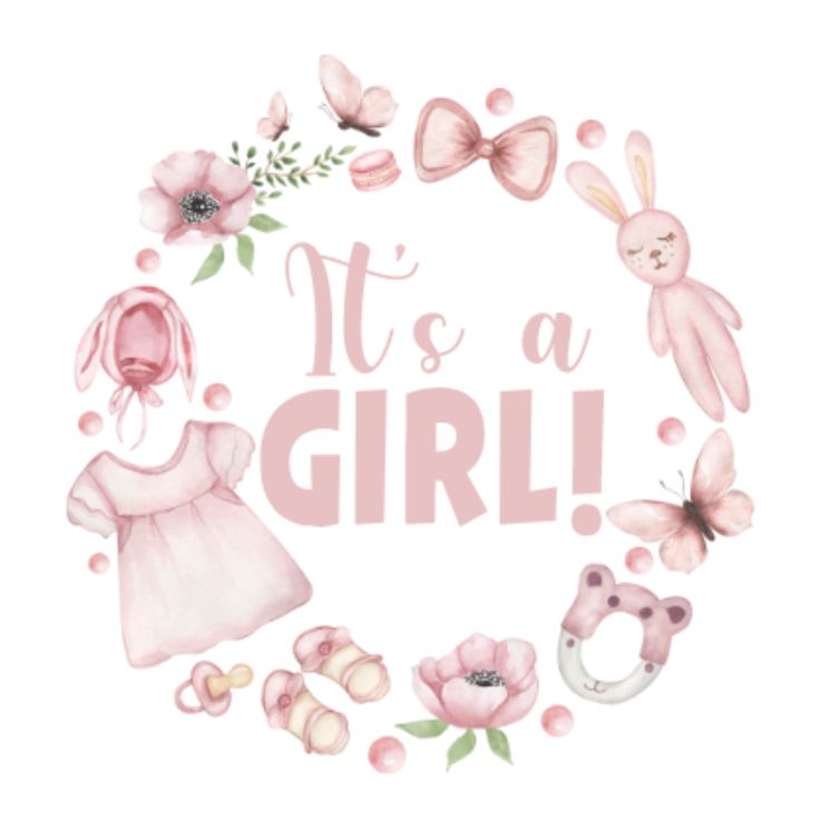 the words it's a girl surrounded by pink flowers and stuffed animals in a circle