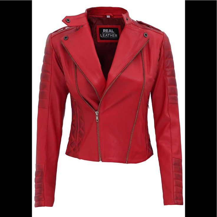 Brand New With Tags Real Lamb Skin Red Long Sleeve Biker Jacket For Winter, Red Biker Outerwear With Zipper Closure, Casual Red Leather Jacket For Biker Events, Red Zipper Outerwear For Biker Events, Red Zipper Closure Outerwear For Biker Events, Red Long Sleeve Outerwear For Biker Events, Red Moto Outerwear With Zipper Closure, Red Moto Outerwear For Winter, Red Long Sleeve Moto Outerwear