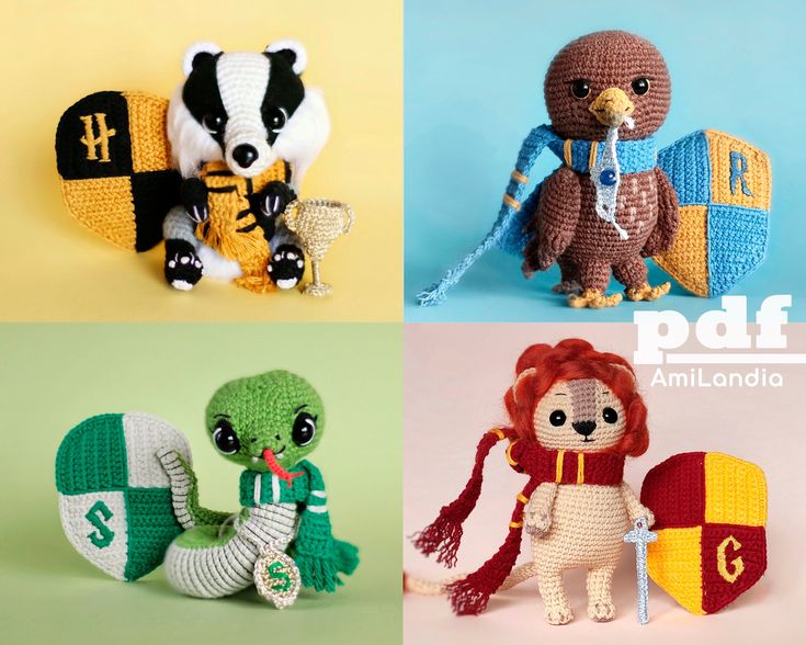 four crocheted stuffed animals are shown in three different colors and sizes, each with an animal's name