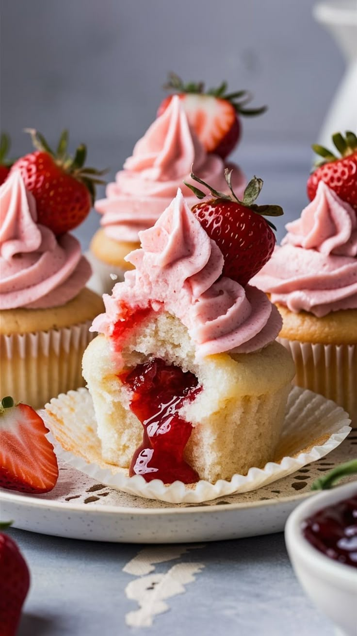 strawberry cupcakes with pink frosting and strawberries on the side, ready to be eaten