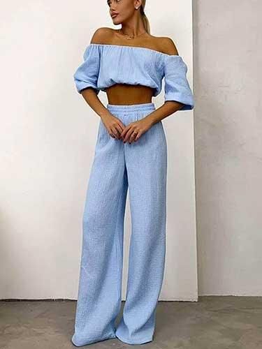 Off Shoulder Crop Top and Wide Leg Pants Matching Set - SHExFAB Casual Two-piece Pants For Vacation, Solid Color Summer Vacation Sets, Solid Color Summer Vacation Set, Casual Non-stretch Sets For Vacation, Solid Matching Pant Set For Spring, Summer Two-piece Wide Leg Bottoms, Casual Two-piece Pant Set For Vacation, Chic Blue Short Sleeve Sets, Solid Color Cotton Sets For Vacation