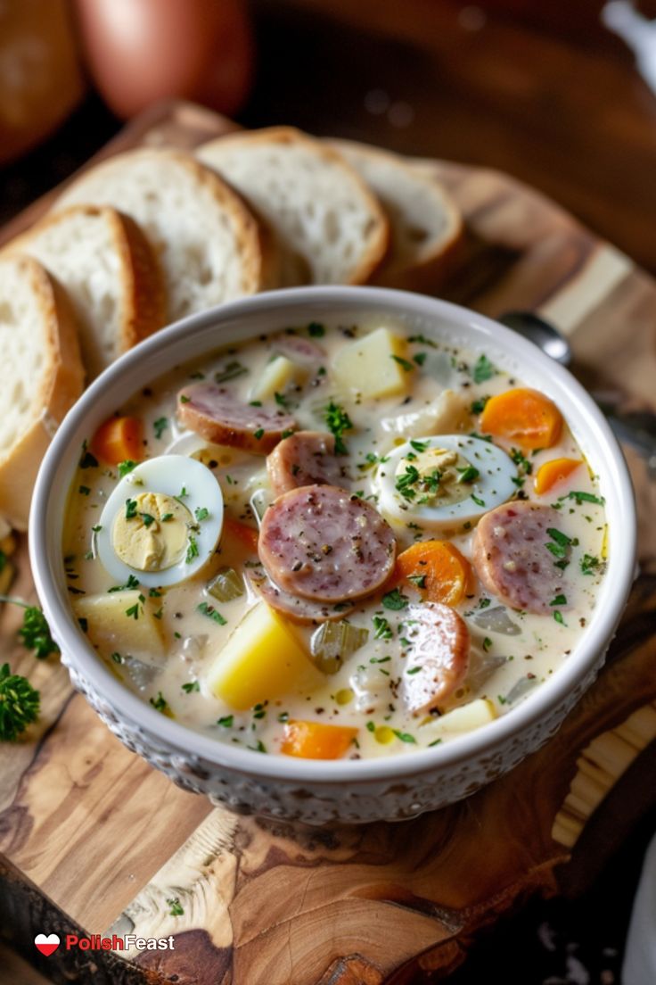 a bowl of soup with bread on the side