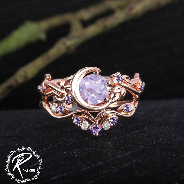 Unique lavender amethyst engagement ring sets Art deco rose gold promise ring Nature inspired moon leaf bridal sets Handmade jewelry gifts ring information: <-> Center stone: 6 mm round cut lavender amethyst <-> Side stone: 0.04ctw amethyst <-> - Band Thickness: 1.3 mm, Band Width: 2.5 mm Band information: <-> stone: 0.178ctw Amethyst + Moissanite <-> - Band Thickness: 1.2 mm, Band Width: 1.4 mm Metal: 925 silver, 10K 14K or 18k solid white gold, yellow gold, rose gold (please use the drop down Amethyst Diamond Wedding Rings, Amethyst Wedding Rings Zales, Luxury Moonstone Ring With Gemstone Accents For Promise, Luxury Sterling Silver Amethyst Engagement Ring, Luxury Sterling Silver Amethyst Ring For Engagement, Sterling Silver Amethyst Ring Engages, Luxury Moonstone Gemstone Ring For Promise, Luxury Purple Rings With Intricate Design, Luxury Purple Amethyst Engagement Ring