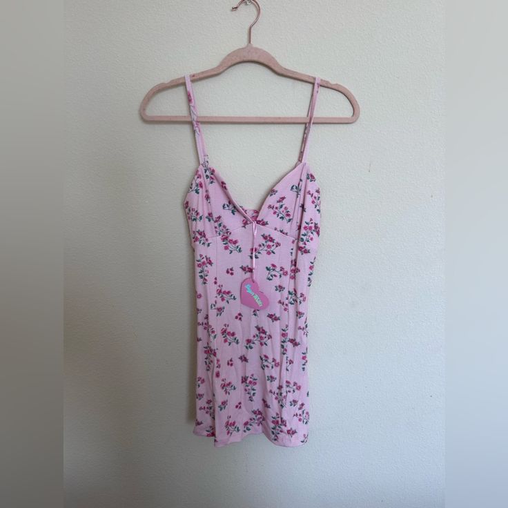 Mini Dress, Pink, Floral, Adjustable Straps Fitted V-neck Summer Sleepwear, Cute V-neck Summer Sleepwear, Pink Printed Feminine Mini Dress, Pink Printed Sundress Mini Dress, Casual Pink Floral Print Sleepwear, Feminine V-neck Summer Sleepwear, Flirty Cotton Mini Dress With Floral Print, Summer V-neck Sleepwear With Ruffles, Summer V-neck Ruffled Sleepwear