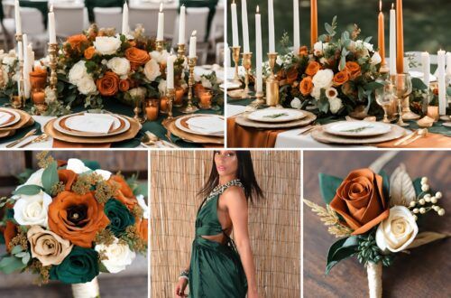 a collage of photos with flowers, candles and plates on the table in different colors