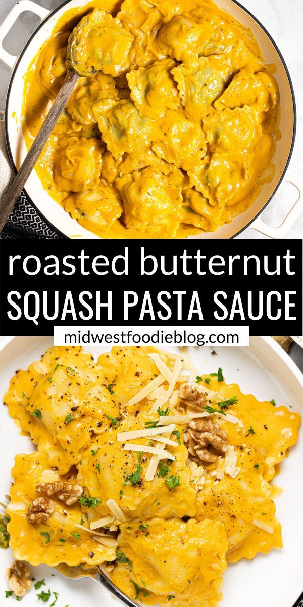 two plates with different types of food on them and the words roasted butternut squash pasta sauce