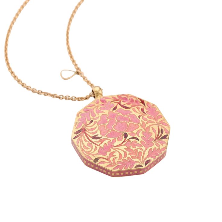 EQUISITE ARTISTRY WHAT IT IS: A hand-crafted pink enamel pendant personalized with an initial on a fine 22k gold chain. WHY IT’S SPECIAL: A true heirloom piece keeping alive the ancient enameling tradition of meenakari, an arduous process of engraving, enameling and diamond setting Personalize it with the letter of your choice Reversible, with both sides telling a wondrous and beautiful tale GOOD TO KNOW: Pendant 23.5K gold Chain 22K gold, length: 18" Rosecut diamonds Vitreous enamel work Lobste Yellow Gold Enamel Medallion Necklace, Meenakari Jewelry Gift, Artisan Yellow Gold Jewelry Gift, Meenakari Necklaces As Gifts, Engraved Yellow Gold Necklace With Enamel, Traditional Rose Gold Jewelry For Gift, Pink Pendant Necklace In Enamel, Pink Enamel Pendant Necklaces, Enamel Medallion Necklace For Gift