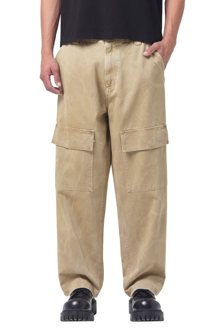 Roomy and relaxed, these cargo pants cut from soft cotton twill feature light fading and plenty of roomy pockets for holding a day's essentials. 29 1/2" inseam; 20" leg opening; 13 1/2" front rise; 16 1/2 back rise (size 29) Zip fly with button closure Front slant pockets; back flap-patch pockets; cargo flap-patch pockets 100% cotton Machine wash, tumble dry Made in the USA of imported fabric Relaxed Fit Straight Cargo Pants, Relaxed Fit Tapered Leg Cargo Pants With Pockets, Relaxed Fit Cotton Cargo Jeans, Relaxed Fit Cotton Cargo Pants With Pockets, Cotton Cargo Jeans With Relaxed Fit, Cotton Cargo Jeans With Multiple Pockets And Relaxed Fit, Cotton Relaxed Fit Cargo Pants With Side Pockets, Cotton Tapered Leg Cargo Pants With Multiple Pockets, Cotton Cargo Pants With Multiple Pockets And Tapered Leg