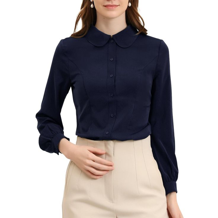 Feel confident flaunting your classic, yet edgy style in this classic peter-pan-collar office shirt. It features the front buttons, long puff sleeves, a Peter Pan collar, and the princess line. his button-up shirt is a polished piece for the weekend and workdays alike. This classic shirt is a regular fit, and that's how this one perfects the beloved staple. It is stylish and is a perfect choice for an office outfit.