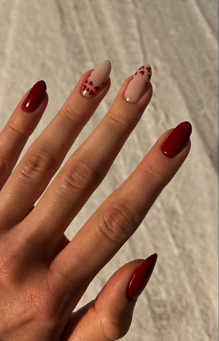 Cherry Red Valentines Nails, Red Nails Inspo Short Almond, Cherry Wine Red Nails, Wine Nails Acrylic Art Designs, Burgundy Nails With Heart Design, Dark Red Nails With Heart Design, Dark Red Manicure Design, Nail Inspiration Dark Red, Dark Red Nails Valentines