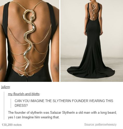 the back of a woman's black dress with gold chains on it and an image of