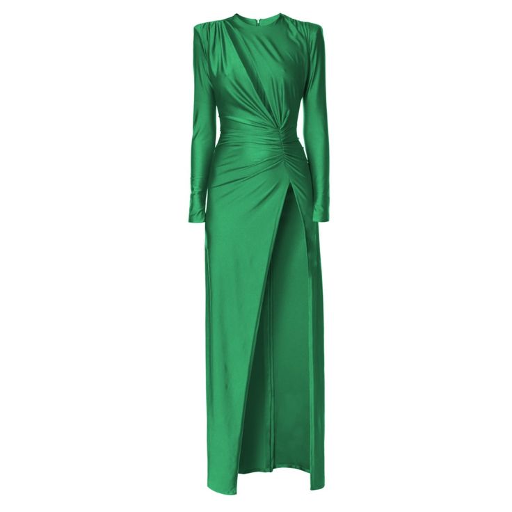 Adriana Cat's Eye Satin Maxi Dress | Aggi | Wolf & Badger Elegant Green Ruched Evening Dress, Fitted Maxi Dress With Side Slits And Pre-draped Style, Fitted Long Sleeve Pre-draped Evening Dress, Formal Long Sleeve Pre-draped Maxi Dress, Gala Evening Full-length Maxi Dress, Gala Full Length Maxi Dress For Evening, Chic Maxi-length Ruched Gown, Chic Maxi Length Ruched Gown, Fitted Maxi Dress For Dinner