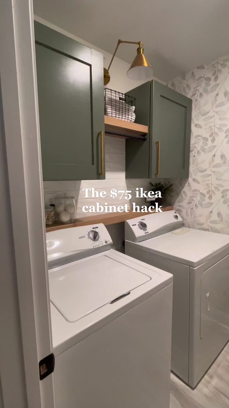 a washer and dryer in a small room with the words the $ 75 ikea cabinet hack