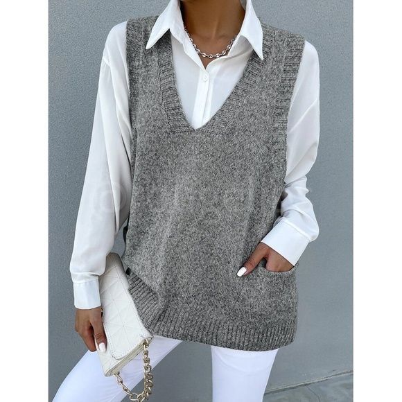 Shop rougelips's closet or find the perfect look from millions of stylists. Fast shipping and buyer protection. Marled Knit Oversized Sweater Vest Grey V-Neck Front Pockets Blouse Not Included. Vest Only Stretchy 100% Polyester Shop our boutique for styles/events: boho gypsy hippie beachy birthday gift resort bohemian girly trendy minimalist y2k college 90s 00s 70s vintage wedding guest engagement party bachelorette vacation cruise travel western aesthetic vibe retro christmas thanksgiving h Oversized V-neck Sweater For Work, Chic V-neck Sweater With Pockets, Oversized Knitted Sweater Vest, Fall V-neck Sweater With Pockets, Knitted V-neck Sweater For Work, V-neck Knit Sweater With Pockets, Casual V-neck Sweater With Pockets, Cozy V-neck Sweater Vest For Fall, Winter V-neck Chunky Knit Sweater Vest