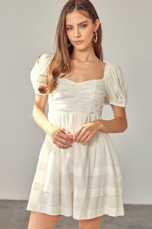 White Ruched Puff Sleeve Mini Dress Puff Sleeve Mini Dress, Boho Pink, A Line Mini Skirt, Puff Sleeve Dress, Ruched Bodice, Pink Boho, Dress Boho, Puffed Sleeves Dress, Ruched Dress