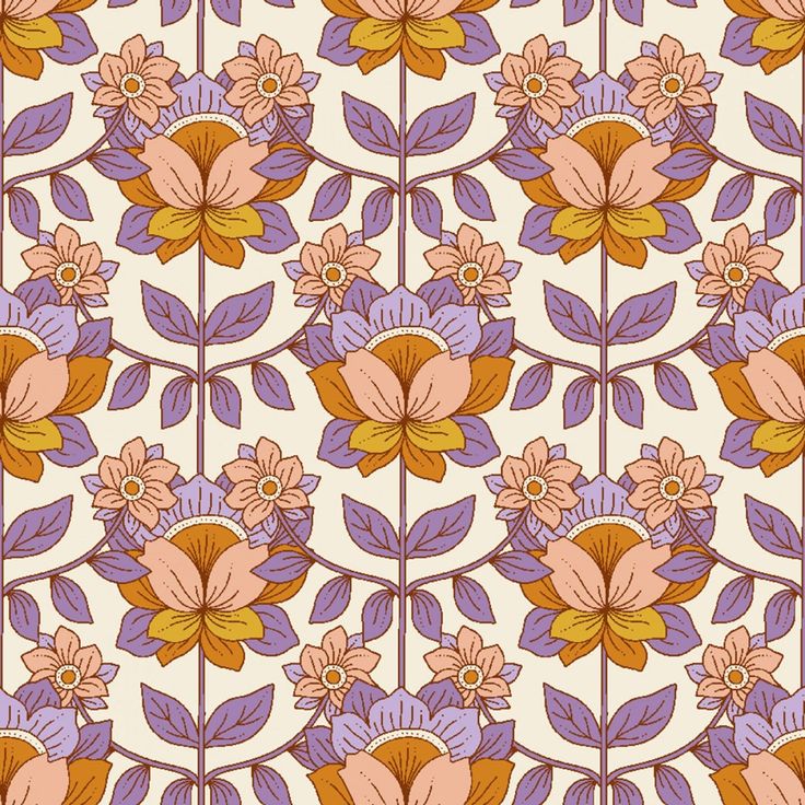 an abstract floral pattern with orange and purple flowers on a white background, in the style of art nouveauism