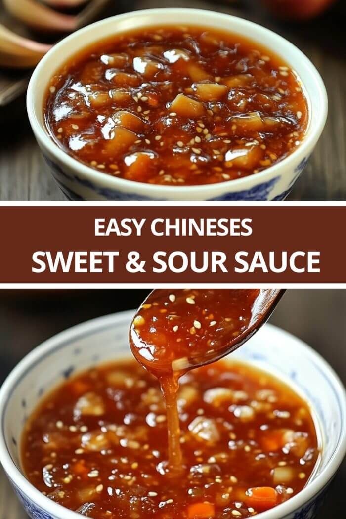 two bowls filled with chinese sweet and sour sauce, one is being spooned into the soup