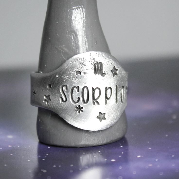 Scorpio Zodiac Ring Give a special meaningful gift with this Scorpio zodiac ring.♥ Band is appx 3/8" wide♥ "Saddle" is appx 3/4" tallTo order yours, choose your size & add it to your cart.Choose your shipping method, and check out.Our free standard domestic shipping option (pretty awesome, right?) will arrive 5-7 business days after it ships. Our current processing time can be found in our shop announcement.Your new zodiac ring will come with a few extras, too!All of our jewelry ships in a g Symbolic Zodiac Sign Promise Ring, Silver Zodiac Sign Rings As Gift, Silver Zodiac Sign Rings For Gift, Symbolic Zodiac Sign Rings For Anniversary, Scorpio Ring, Scorpio Jewelry, Casper Wyoming, Zodiac Rings, 18th Birthday Gifts