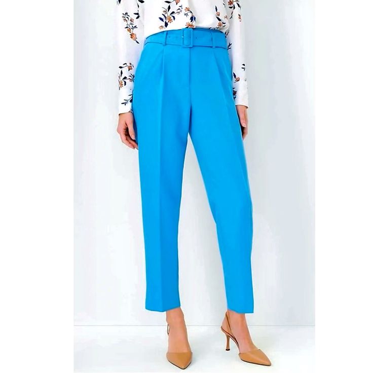 Topped With A Flattering Belted Waist, These Tapered Pants Will Keep You On The Move. Front Zip With Double Hook-And-Bar Closure. Belt Loops. Self Tie Buckle Belt. Front Pleats. Front Off-Seam Pockets. Back Besom Pockets. Light Blue High Waist Workwear Pants, High Waist Blue Office Bottoms, Blue High Waist Bottoms For Office, Blue Straight Pants For Office, Blue High-waisted Bottoms For Office, Spring Blue Office Pants, Blue Office Bottoms With Belt Loops, Blue Straight Pants For Office Wear, Tailored Blue Bottoms For Office Wear