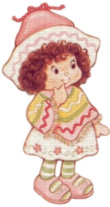 a cross stitch pattern of a girl in a pink hat and dress with green stripes