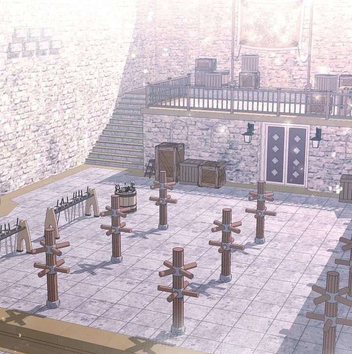 an artistic rendering of a courtyard with wooden crosses