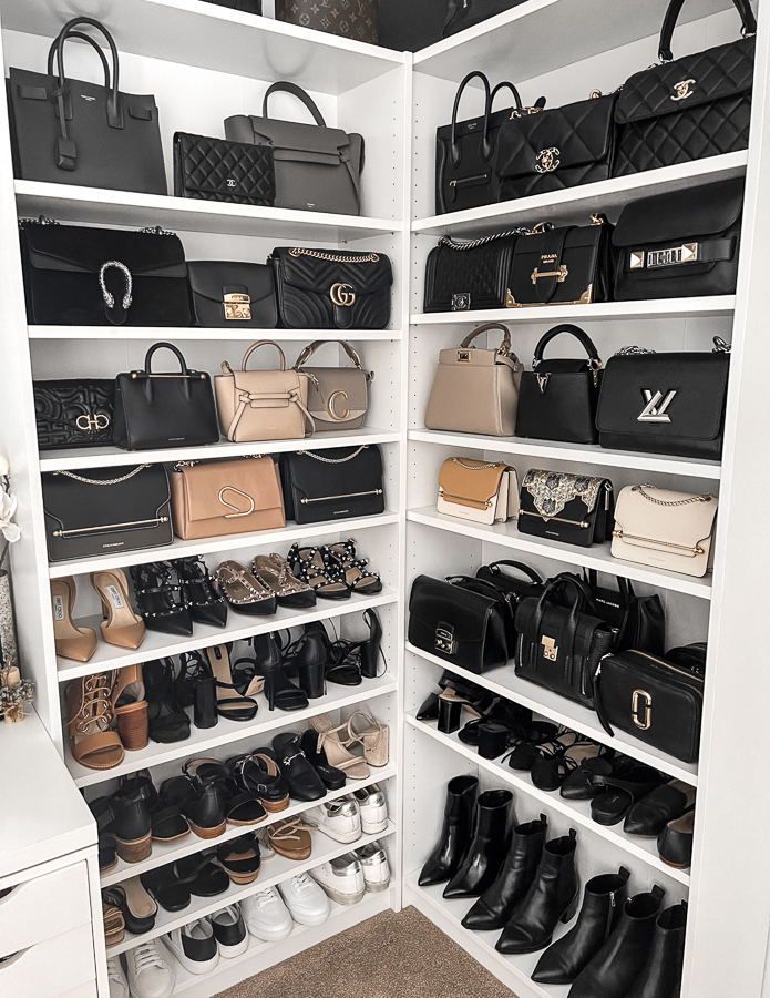 Handbag collection / designer bags/ closet goals #luxury #handbagcollection #handbag #designer #closetgoals #gucci #celine #prada #womensfashion #style / Instagram: @fromluxewithlove Black Drawer Handles, Bag Closet, Sacs Design, Luxury Bags Collection, Best Designer Bags, Closet Decor, غرفة ملابس, Luxury Lifestyle Dreams, Closet Goals