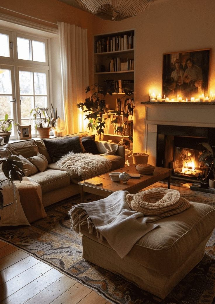 a living room filled with furniture and a fire place in the middle of the room