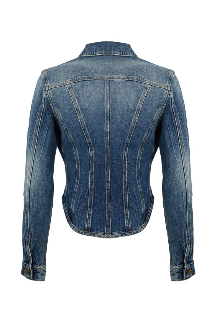 women's denim jacket: long sleeves closure with metal buttons classic collar flap pockets on the front bustier effect details pointed bottom slim fit composition: 99% cotton, 1% elastane | Pinko Women's benaco Denim Jacket With Bustier Effect | SS24 Fitted Long Sleeve Denim Jacket In Medium Wash, Classic Fitted Denim Jacket For Workwear, Fitted Long Sleeve Dark Wash Denim Jacket, Fitted Denim Top For Workwear, Trendy Fitted Single-breasted Denim Jacket, Fitted Button-up Denim Jacket For Work, Fitted Denim Blue Denim Jacket For Work, Fitted Denim Blue Jacket For Work, Chic Fitted Denim Jacket With Long Sleeves