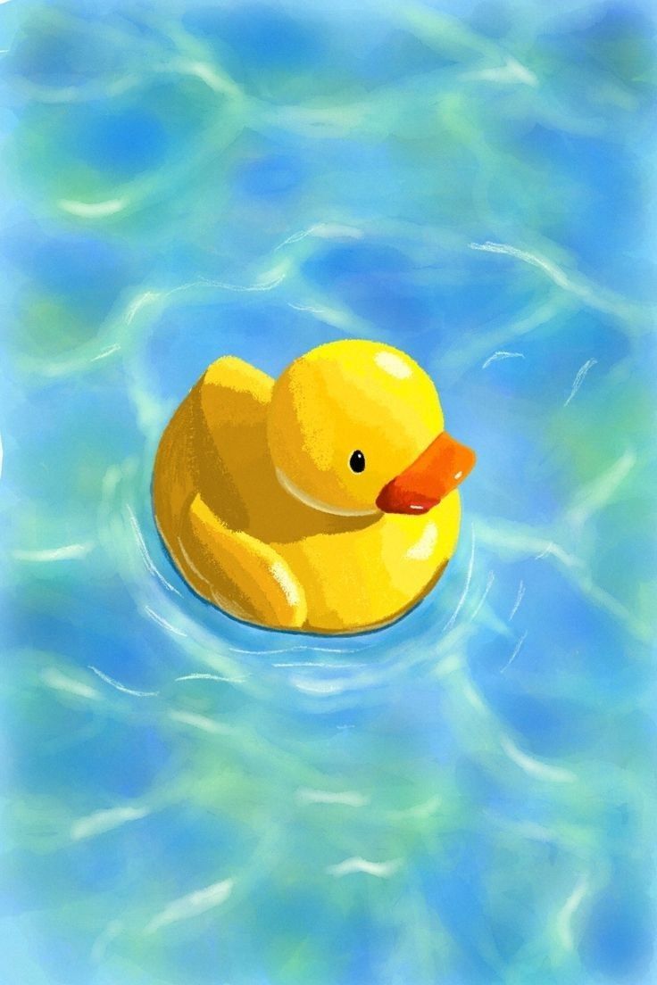 a painting of a yellow rubber duck floating in the blue water with ripples on it's surface