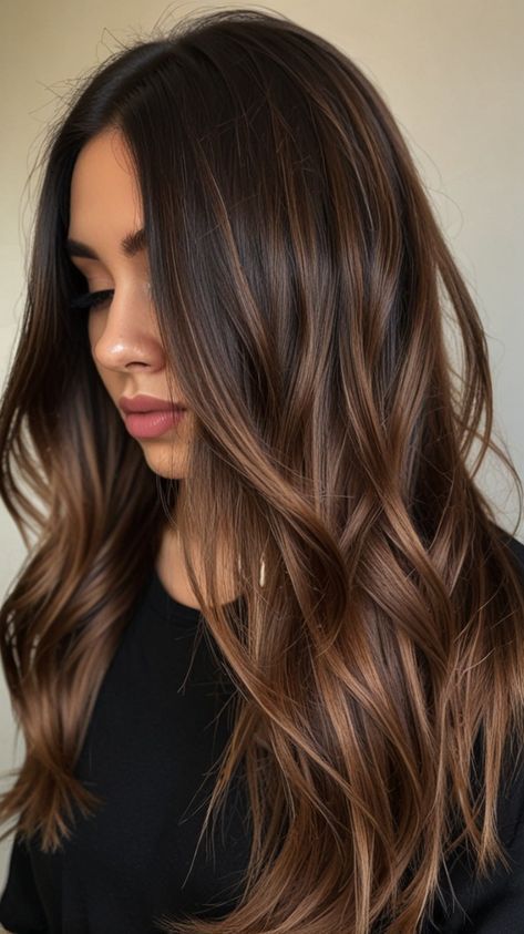 Dark Hair Brown Balayage, Dark Caramel Hair With Highlights, Hair Balayage Dark, Natural Brown Hair Color With Highlights, Hair Colour Ideas For Dark Hair, Dark Brown And Light Brown Balayage, Balayage Hair Color For Black Hair, Chocolate Caramel Brown Hair, Black Hair With Balayage Highlights