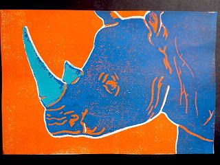 an orange and blue painting of a rhino