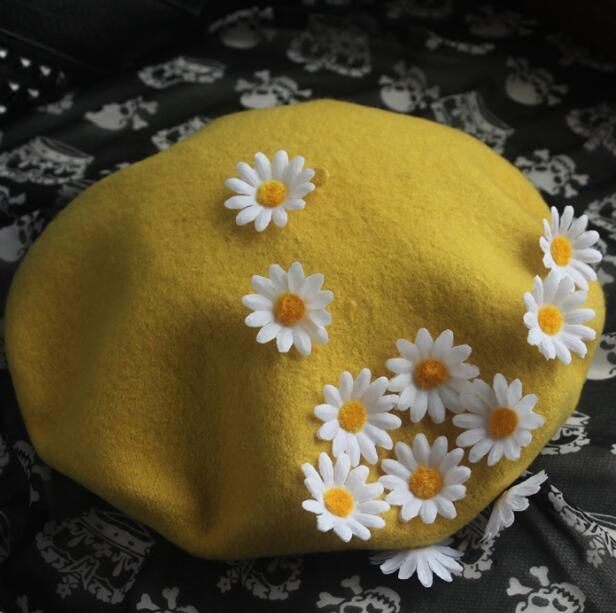 Retro Daisy Beret Hat on Storenvy Spring Adjustable Beret With Curved Brim, Adjustable Curved Brim Beret For Spring, Cute One Size Spring Hats, Cute One-size Spring Hats, Trendy Spring Flat Cap, Trendy Flat Cap Hats For Spring, Yellow Spring Cap Hat, Yellow Spring Hat, Yellow Spring Cap