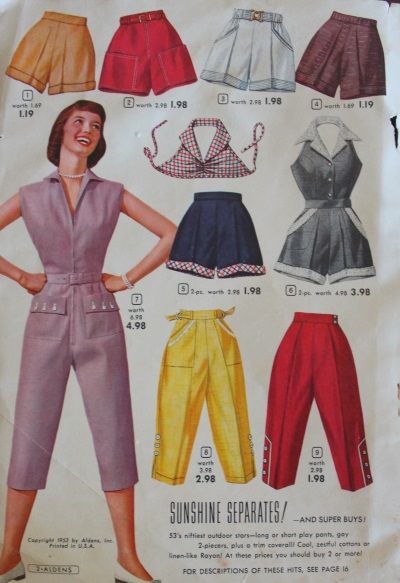 1954 Women's casual, sporty clothes : coverall playsuit, shorts, halter tops and capri pants in summer colors 40s Mode, Sporty Clothes, 1950 Fashion, Fashion 1950s, Womens Fashion Casual Spring, Retro Mode, Halter Tops, Casual Sporty, Moda Vintage