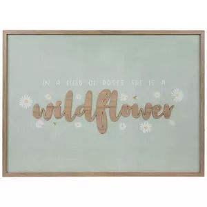 a wooden sign that says wildflower with daisies in the bottom and words below it