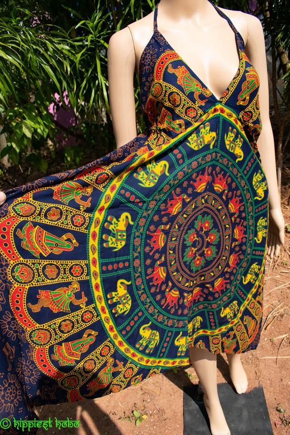 Beautiful Hindu Mandala Elephant Print Summer Dress Festival Clothing, Travel Dresses maxi dress / TunicThese will Fit From Size 6 to Size 16 comfortably as they tie up around the back and at the back of the neck.These Cotton Dresses with beautiful Mandala prints. They all vary slightly but have the same hippie vagabond style just let me know which colours you would like when you order. .Washing instructions: Best to wash on a cold wash, they will also last longer if washed in a wash bag. Line d Multicolor Maxi Dress With Tie Back, Multicolor Tie-back Midi Dress For The Beach, Bohemian Floor-length Maxi Dress With Tie Back, Bohemian Maxi Dress With Tie Back, Bohemian Backless Maxi Dress With Tie Back, Green Maxi Backless Dress For Beach, Green Backless Maxi Dress For Beach, Green Maxi Length Backless Dress For The Beach, Tie Back Sundress For Festivals