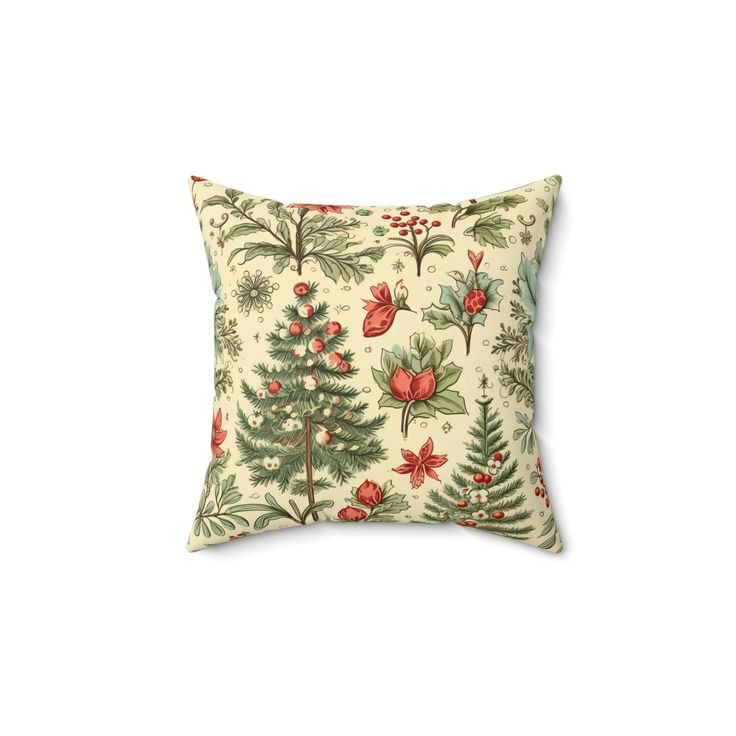 a green and red floral pillow on a white background, with pine trees in the foreground