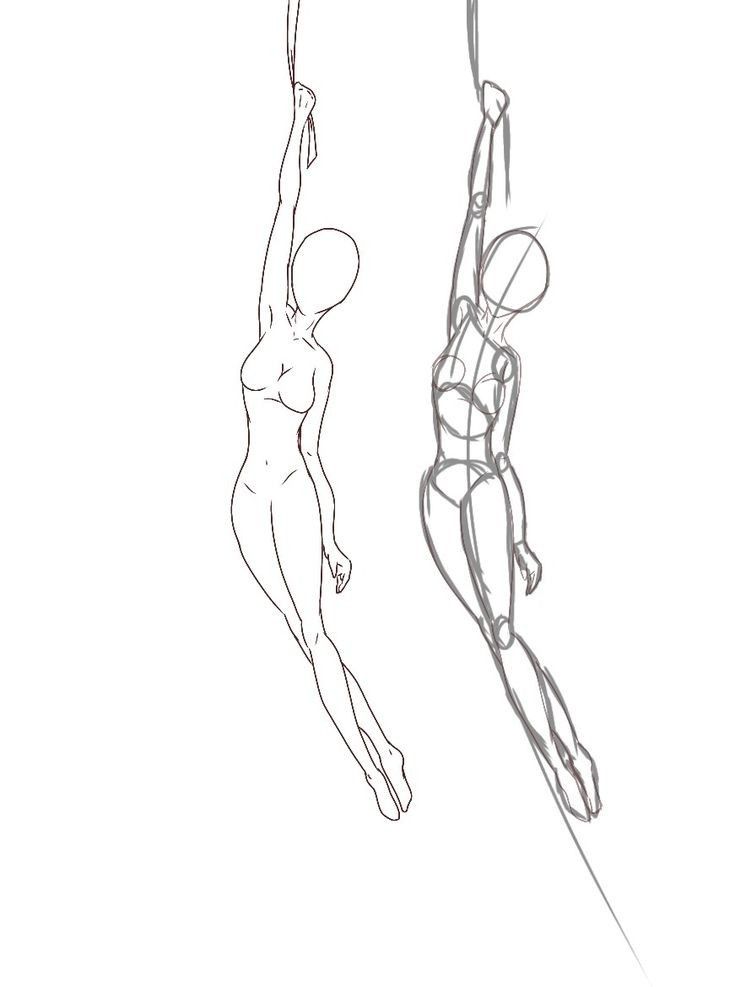 a line drawing of a woman hanging from a rope next to another female in the air