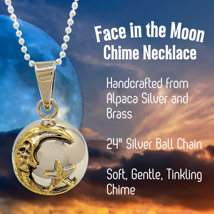 Handcrafted Orb made from Alpaca Silver, an alloy of pure silver and brass for durability. Inside the pendant is a chime; when shaken, you can hear a soft, gentle sound. Adorned with highly polished brass. The caller’s size is .78” in circumference, about the size of a US nickel; however, it will feel more substantial due to the 3D nature of the orb. Silver Jewelry With Sun And Moon Design For Meditation, Spiritual Silver Moon Necklace, Silver Spiritual Jewelry With Moon Charm, Spiritual Silver Jewelry With Moon Charm, Spiritual Moon-shaped Silver Jewelry, Spiritual Moon Shaped Silver Jewelry, Spiritual Silver Moon Jewelry, Silver Amulet Jewelry With Moon Charm, Silver Moon Phase Amulet Jewelry